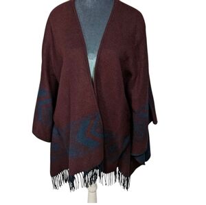 American Eagle Burgundy & Blue Fringed Poncho/Shawl